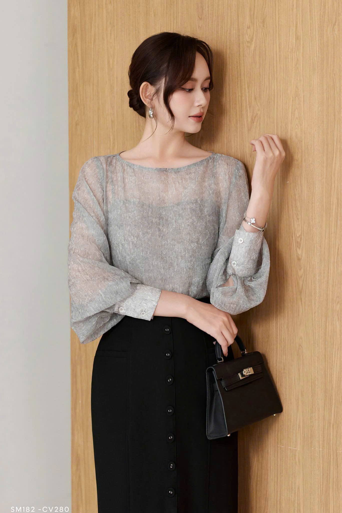 Áo tơ xám tay bồng 2 lớp