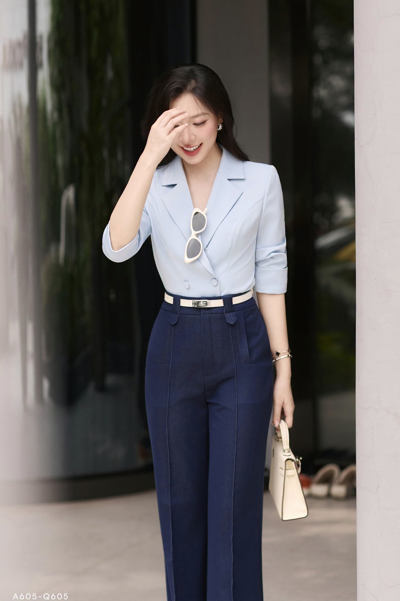 Quần dáng suông cạp cao denim
