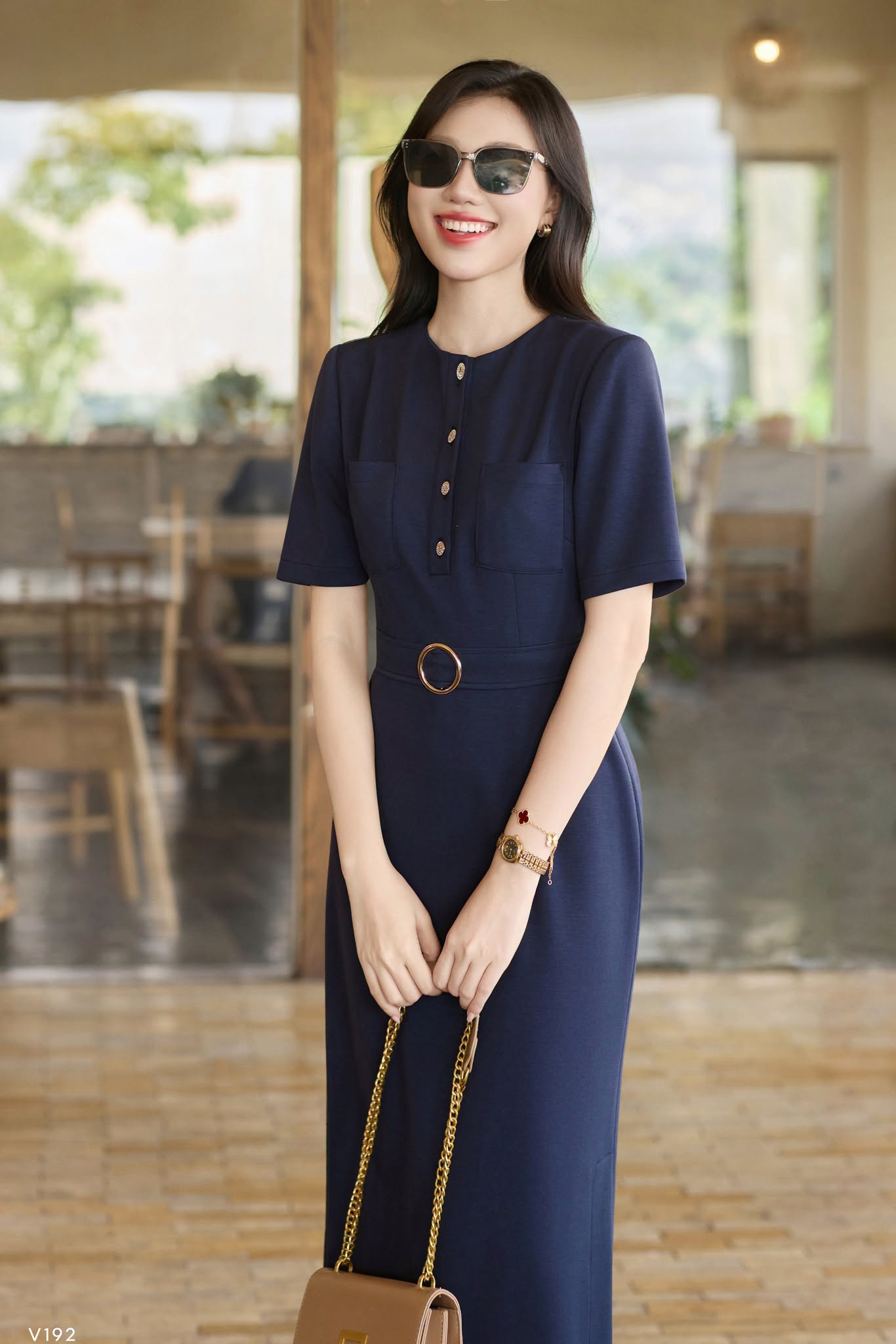 Váy navy ôm eo phối cúc ánh kim cao cấp